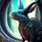 Detailed digital illustration of mechanical rabbit near round-framed mirror reflecting blue light