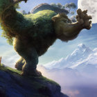 Giant tree-covered creature and small figure under moonlit sky