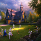 Gothic house scene: skeletons playing with a girl in sunset light