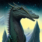 Majestic green dragon illustration on starry night backdrop