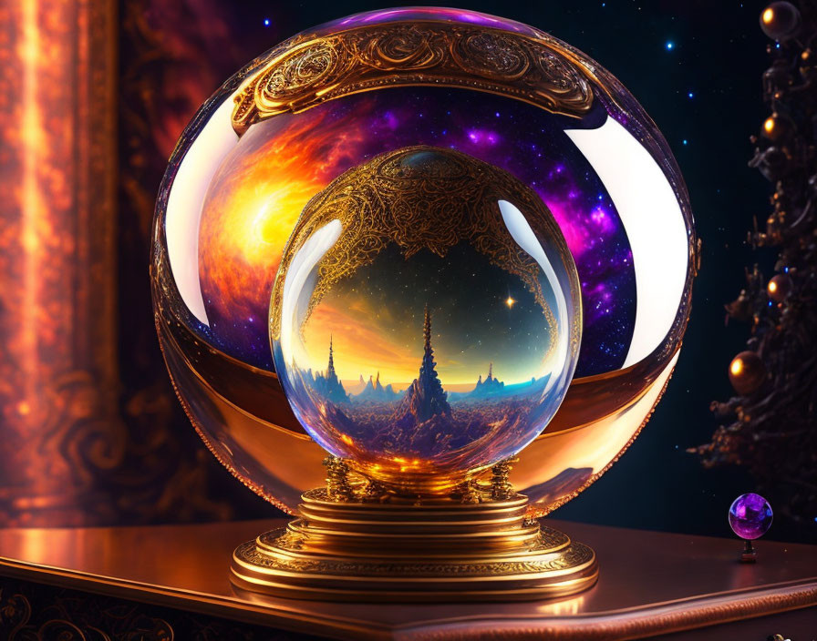 Vibrant celestial scene in fantastical crystal ball