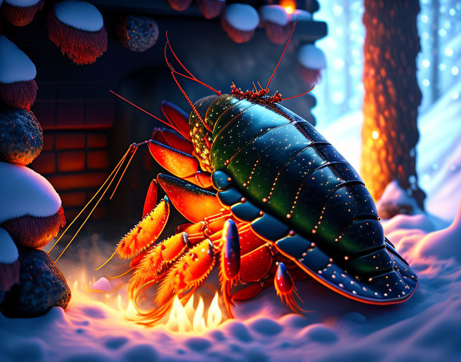 Colorful Lobster Illuminated by Fireplace in Festive Snowy Scene