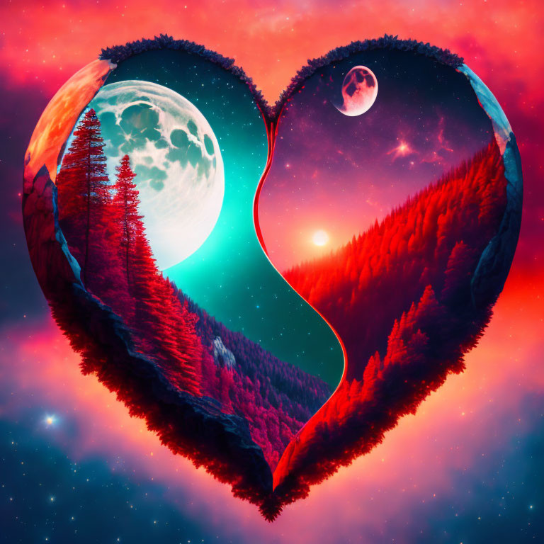 Heart-shaped border reveals cosmic landscape with two moons, forest, and nebula sky