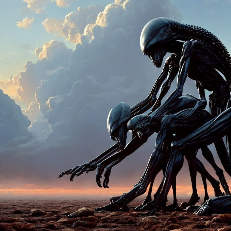 Alien creatures in desolate landscape under dramatic cloudy sky