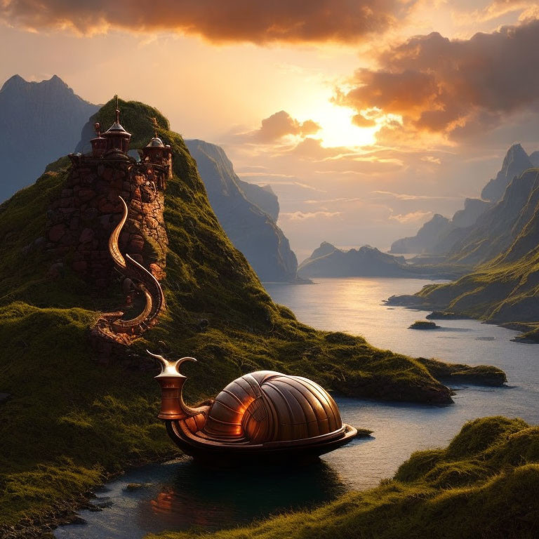 Fantastical snail-shaped houseboat near a spiraled tower on verdant coastline at sunset