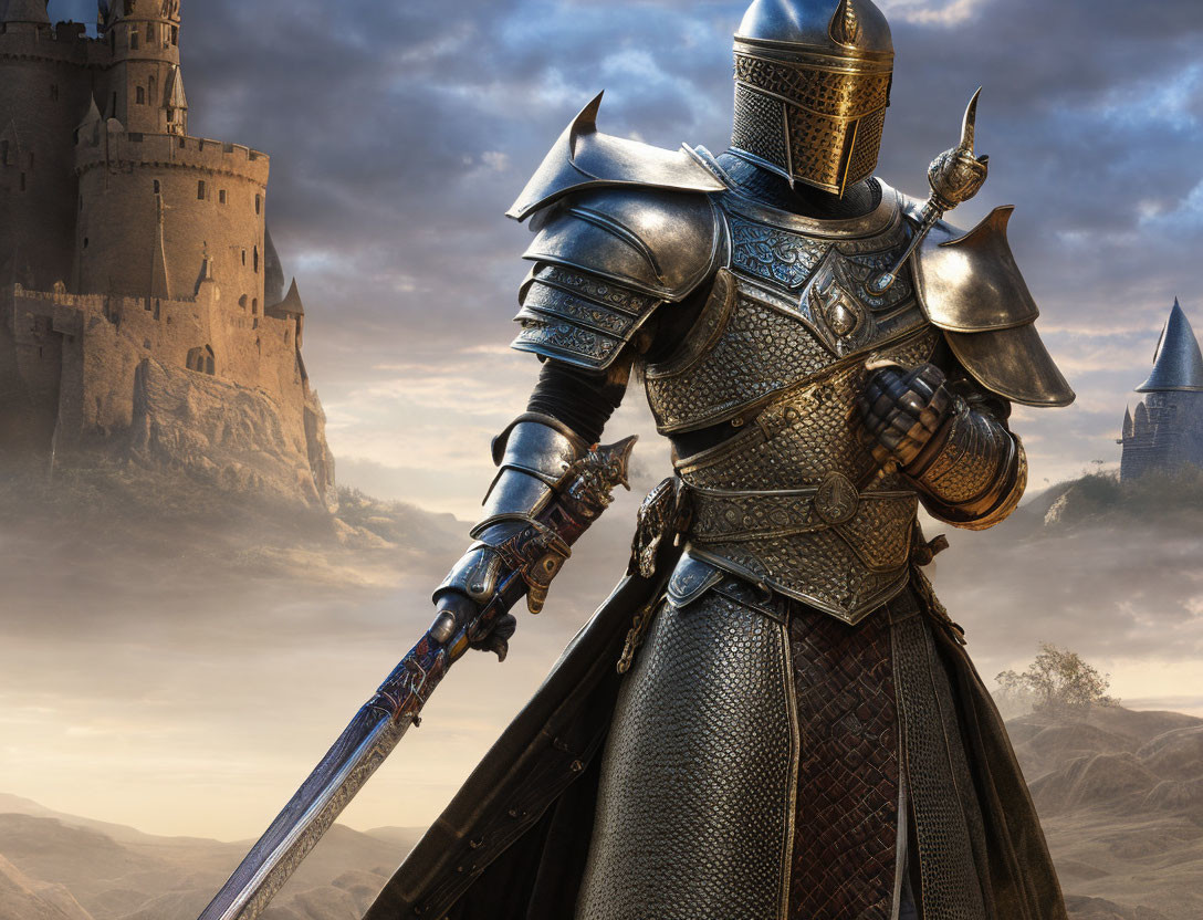 Knight in ornate armor with sword stands before castle under dramatic sky