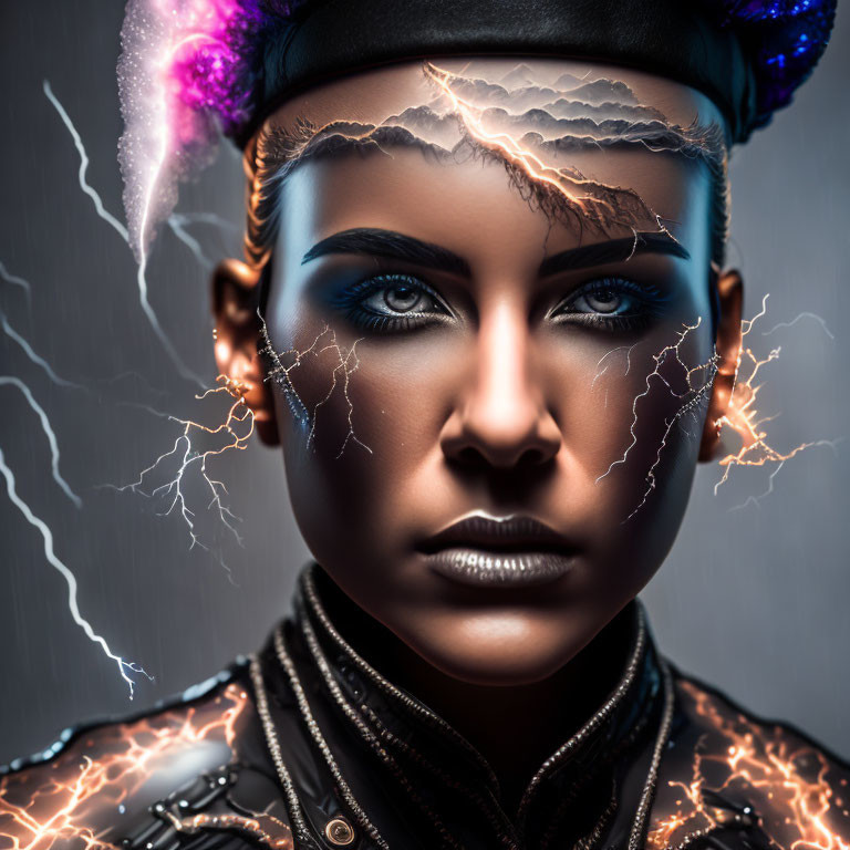 Cyberpunk digital portrait with electric veins and blue eyes