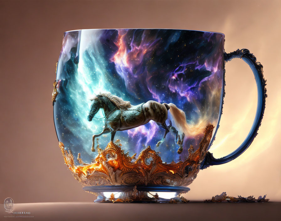 Ornate cup with cosmic horse scene and golden details