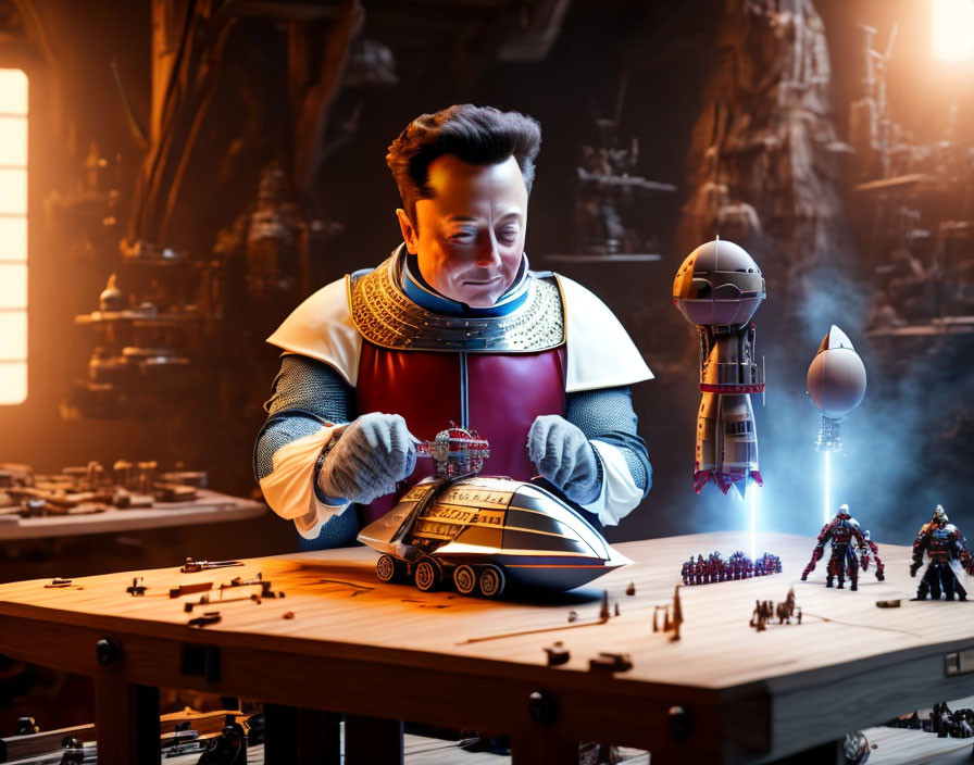 Historical Figure Lookalike with Miniature Rocket and Figurines in Sci-Fi Setting