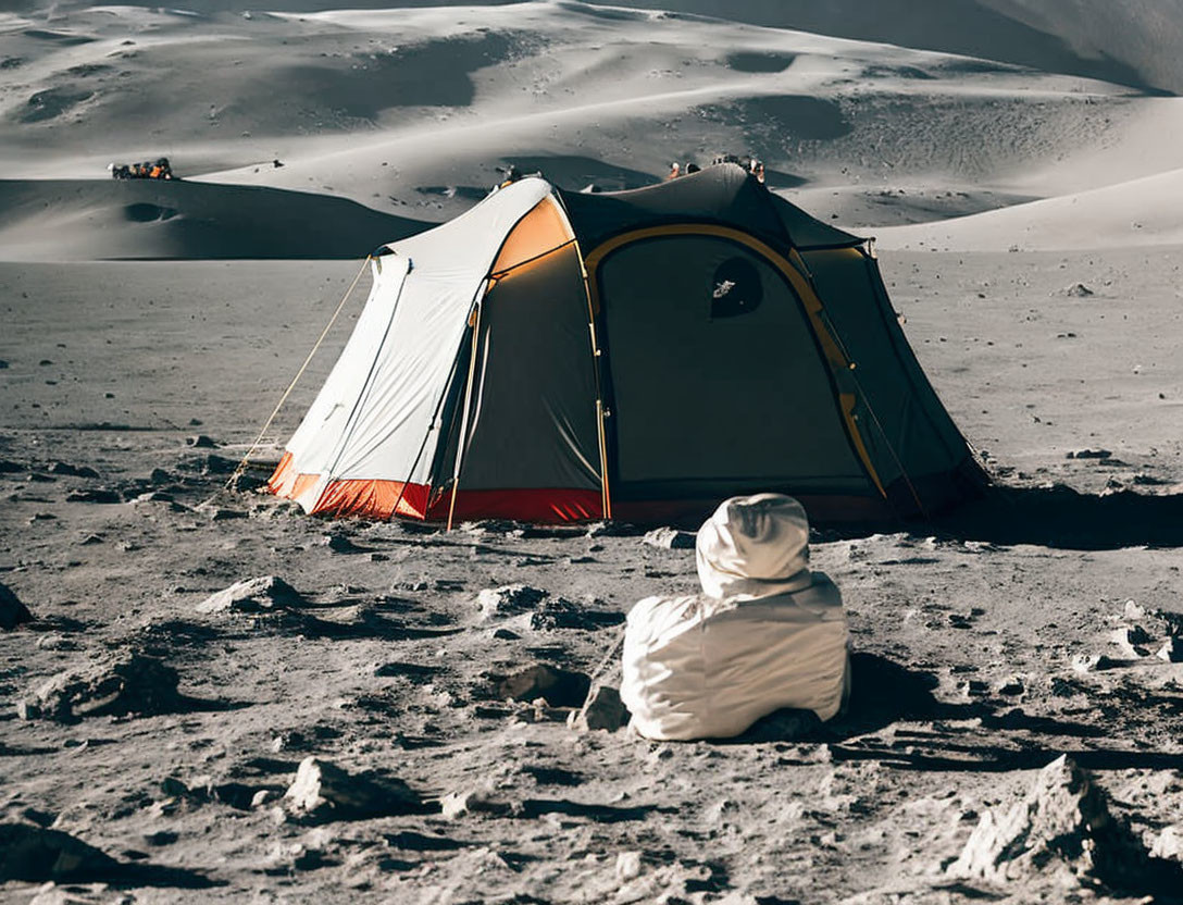 Person in white cloak gazes at tent in desert with sand dunes and vehicle under bright sky