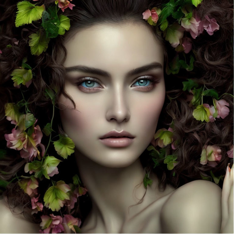 Woman with Intense Blue Eyes Surrounded by Green Leaves and Pink Flowers