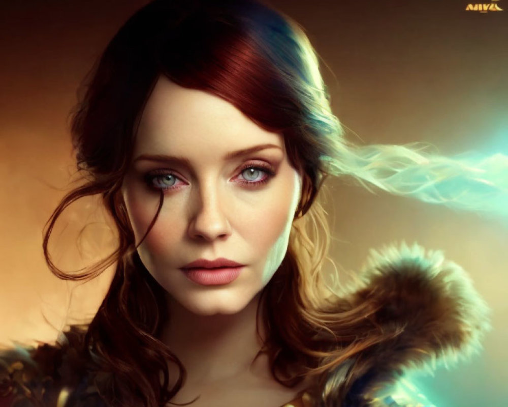 Digital portrait of a woman with blue eyes and flowing hair in ethereal light against warm background