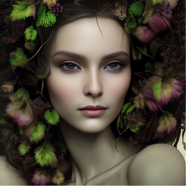 Portrait of woman with striking blue eyes in colorful moss and flowers.