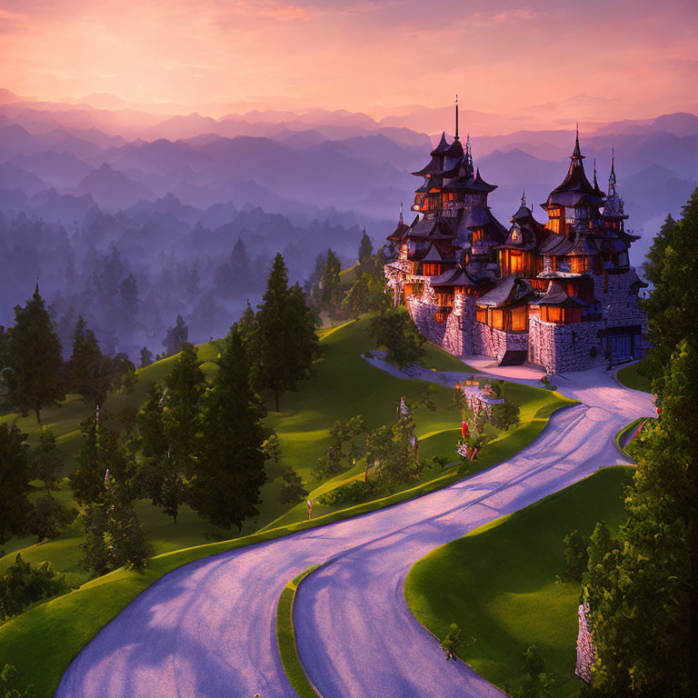 Majestic castle on lush hill, winding road, layered mountains, purple sunset