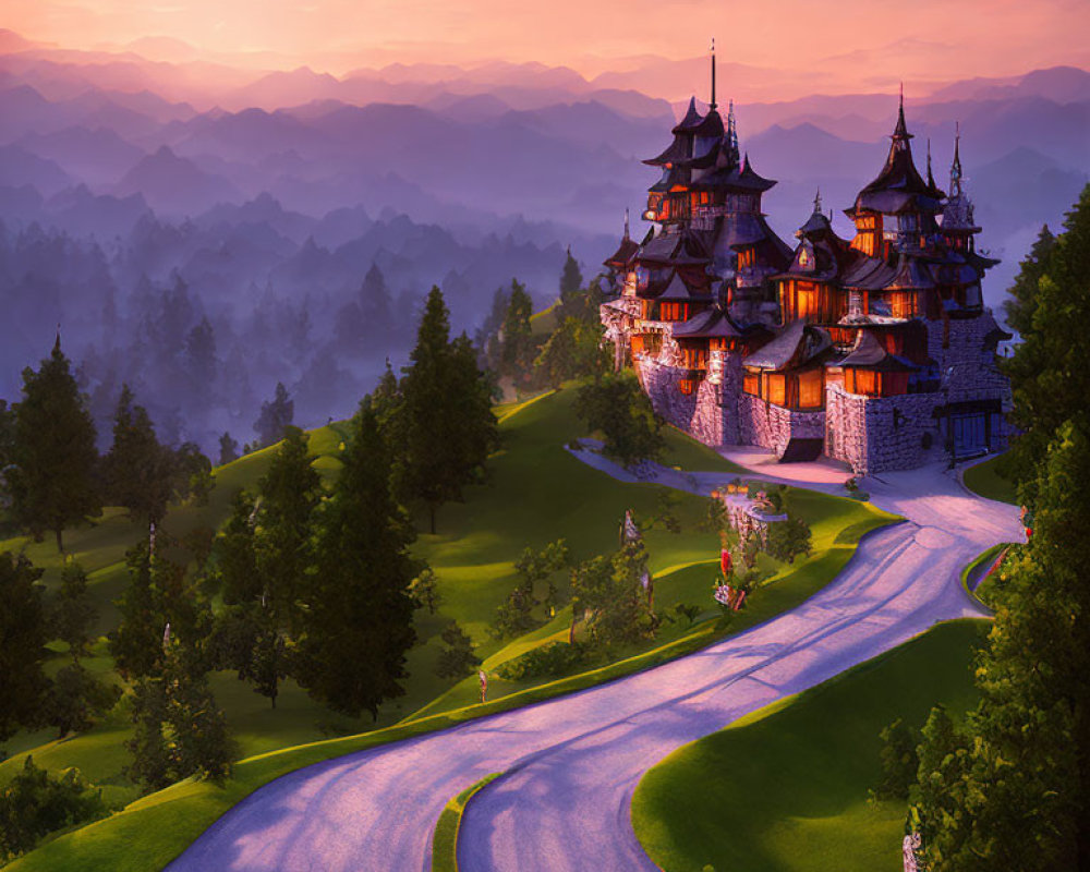 Majestic castle on lush hill, winding road, layered mountains, purple sunset