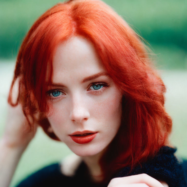 Red-haired woman with blue eyes and green background portrait.