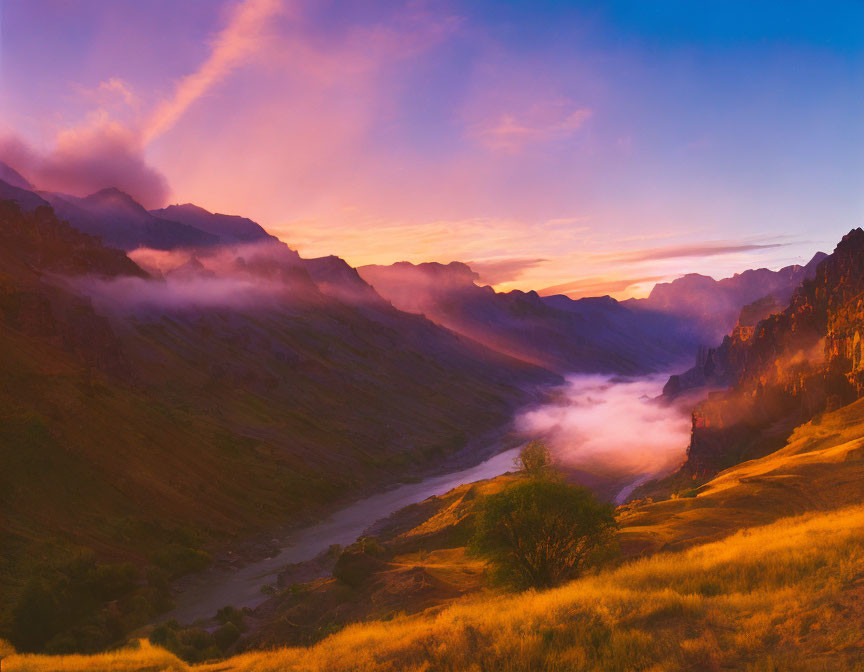 Misty Sunrise in Valley with Winding River