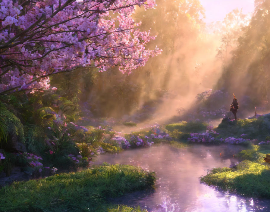 Tranquil forest glade with cherry tree, stream, flowers & misty ambiance