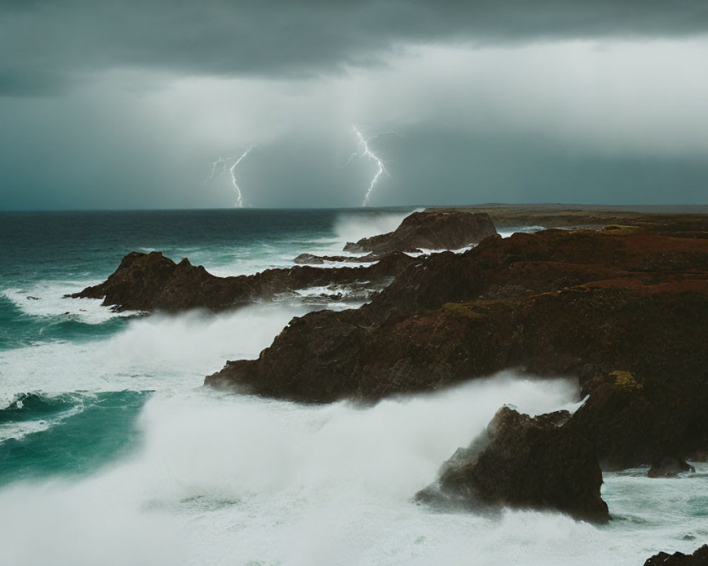 Stormy Coastal Scene: Dark Clouds, Lightning, and Rough Seas