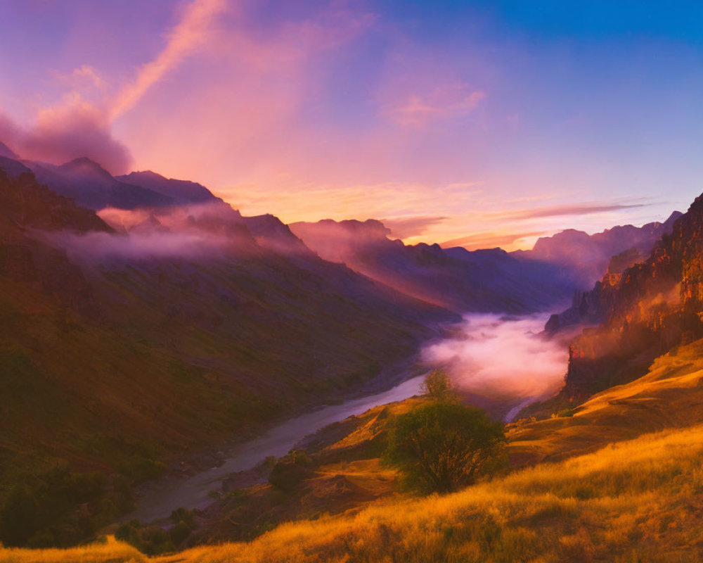 Misty Sunrise in Valley with Winding River