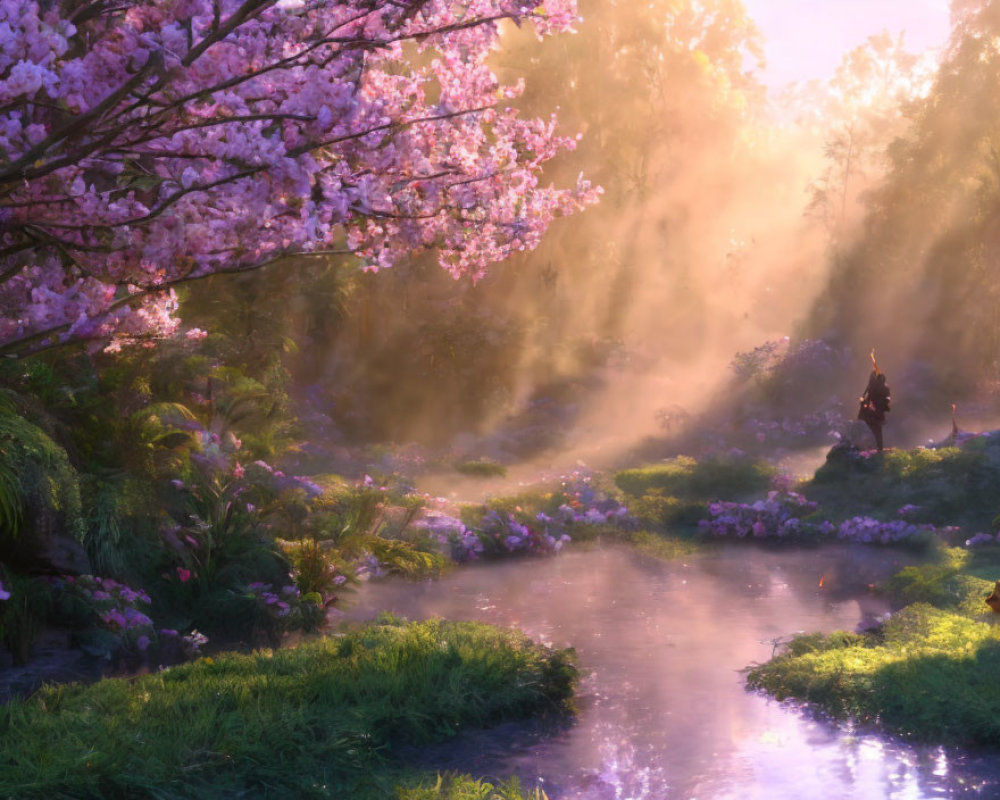 Tranquil forest glade with cherry tree, stream, flowers & misty ambiance