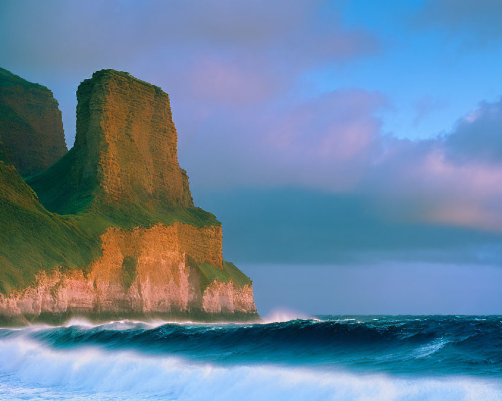 Tranquil ocean scene: blue waves, rugged cliff, dusk glow