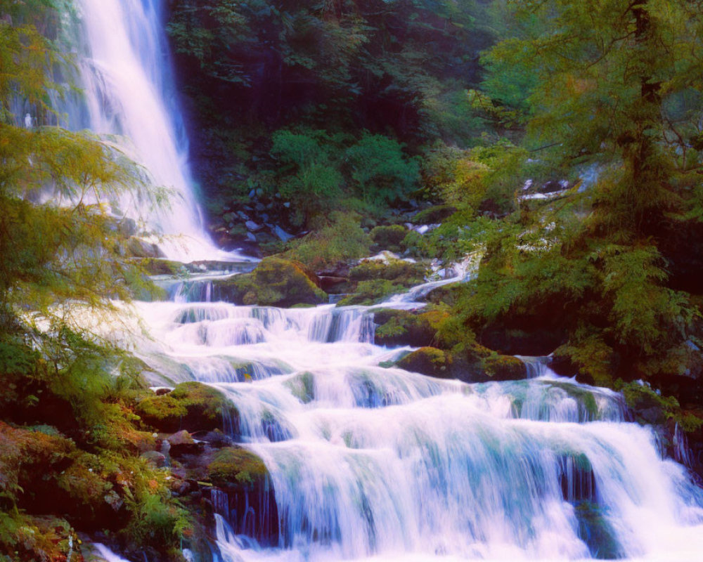 Lush Greenery with Cascading Waterfalls and Vibrant Foliage