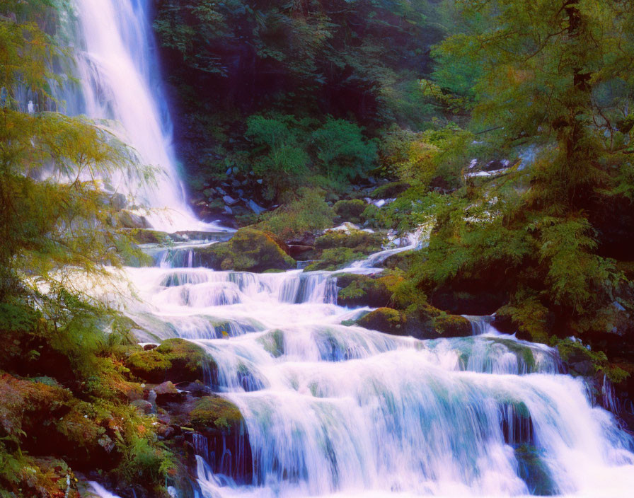 Lush Greenery with Cascading Waterfalls and Vibrant Foliage