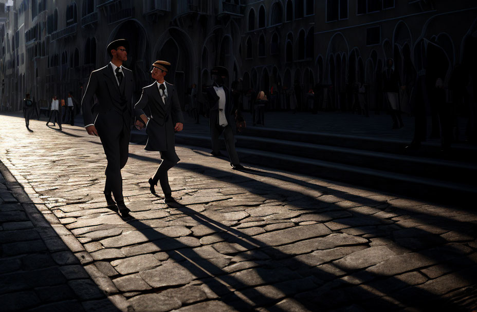 Men in suits walking on cobblestone street with long shadows and historical buildings