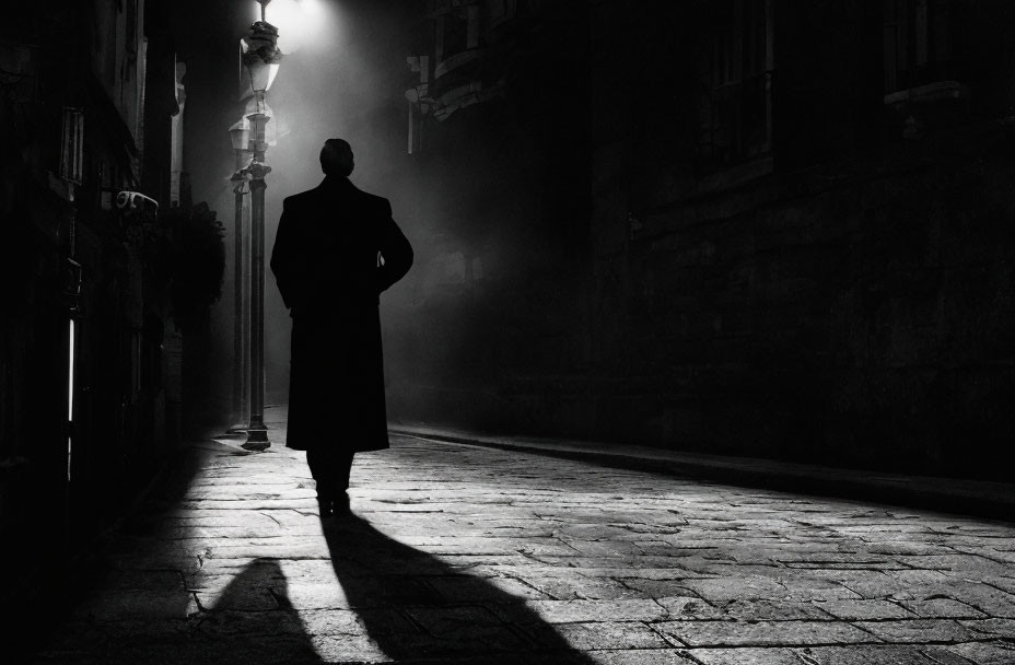 Silhouette of person in foggy street under streetlight