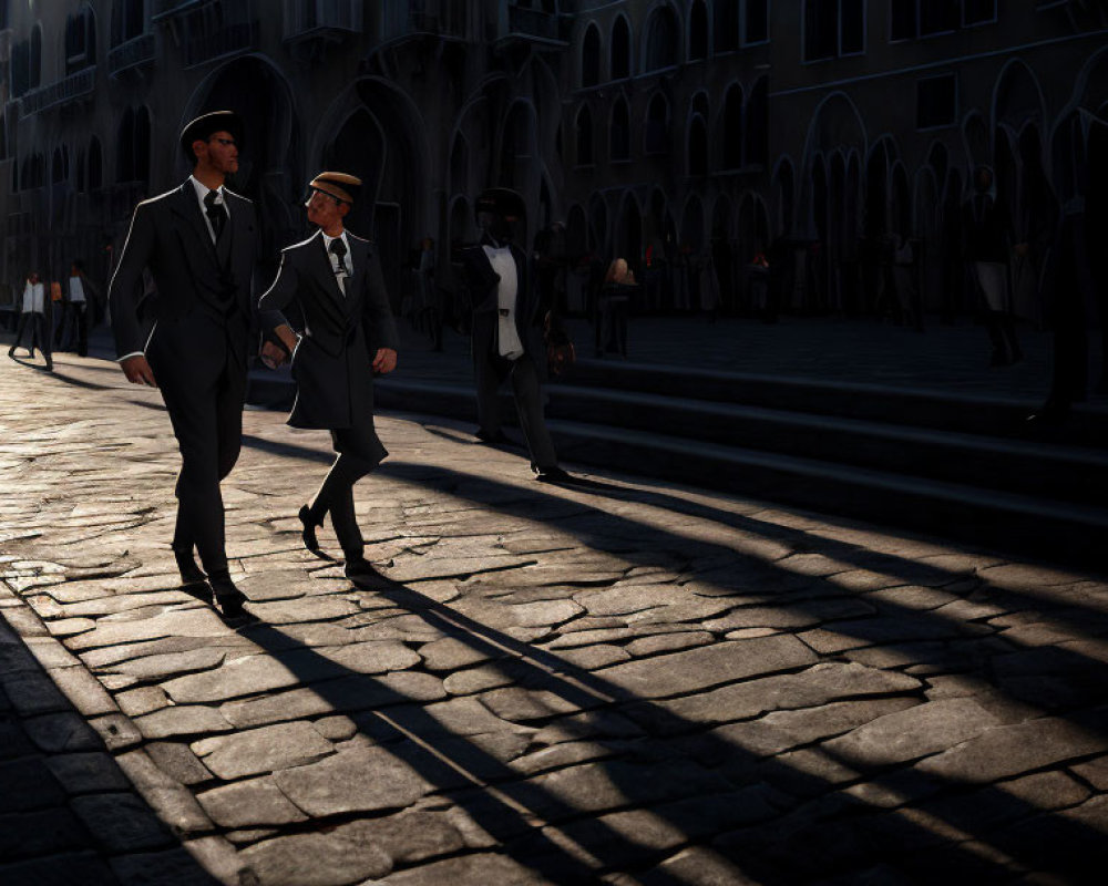 Men in suits walking on cobblestone street with long shadows and historical buildings