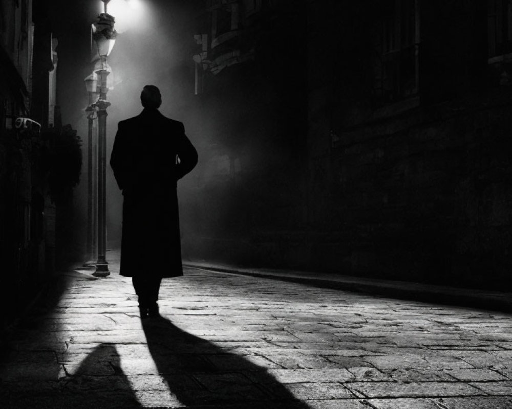 Silhouette of person in foggy street under streetlight