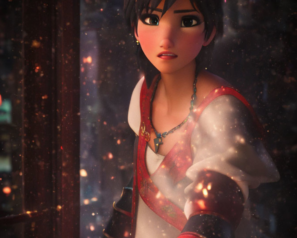 Short-haired animated female character gazing out window at snowfall in city night