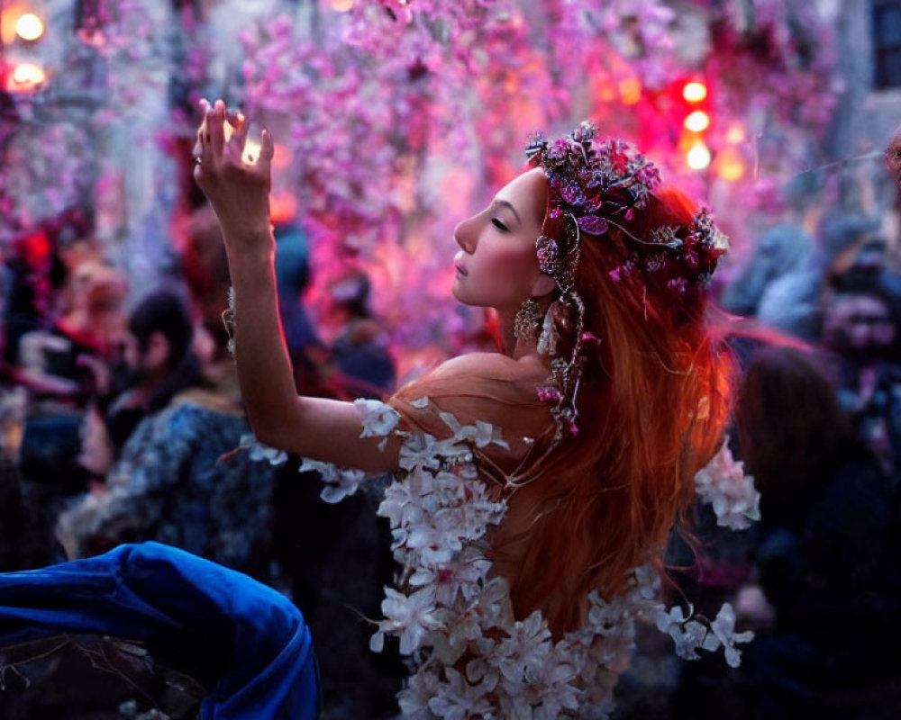 Woman in floral headpiece under pink blossoming trees in a crowd