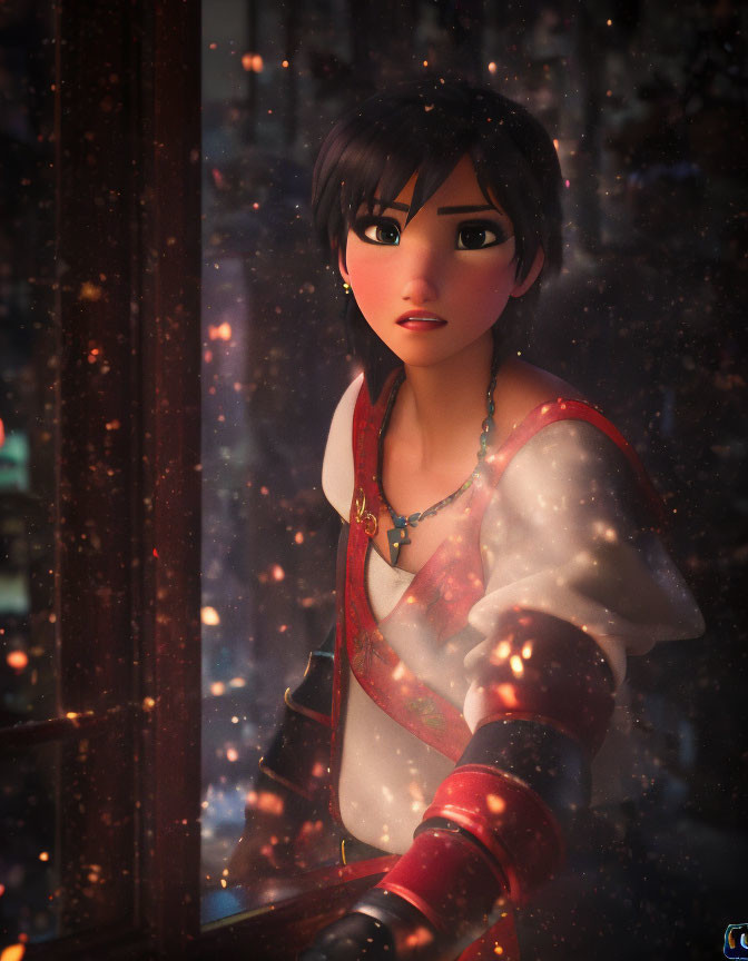 Short-haired animated female character gazing out window at snowfall in city night