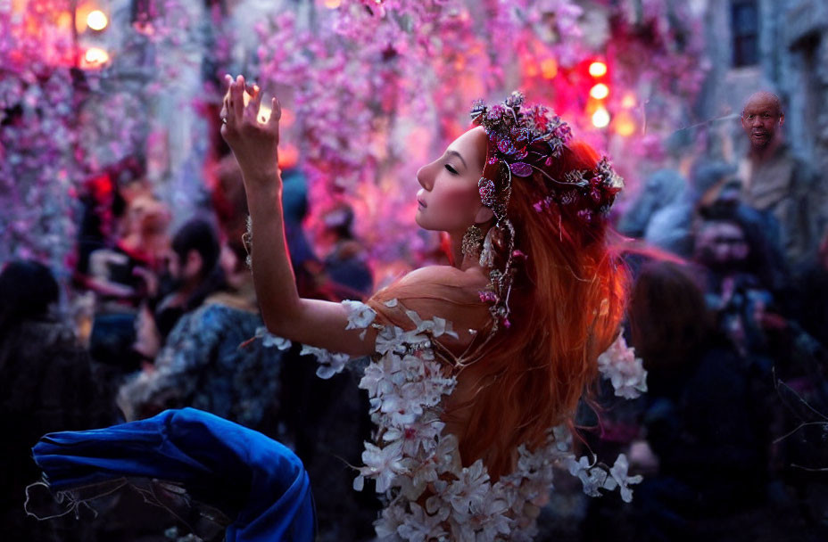 Woman in floral headpiece under pink blossoming trees in a crowd