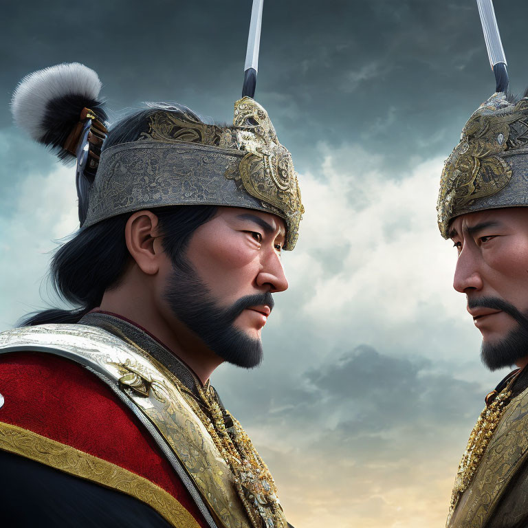 Ancient warrior attire: Two men with detailed helmets in serious contemplation