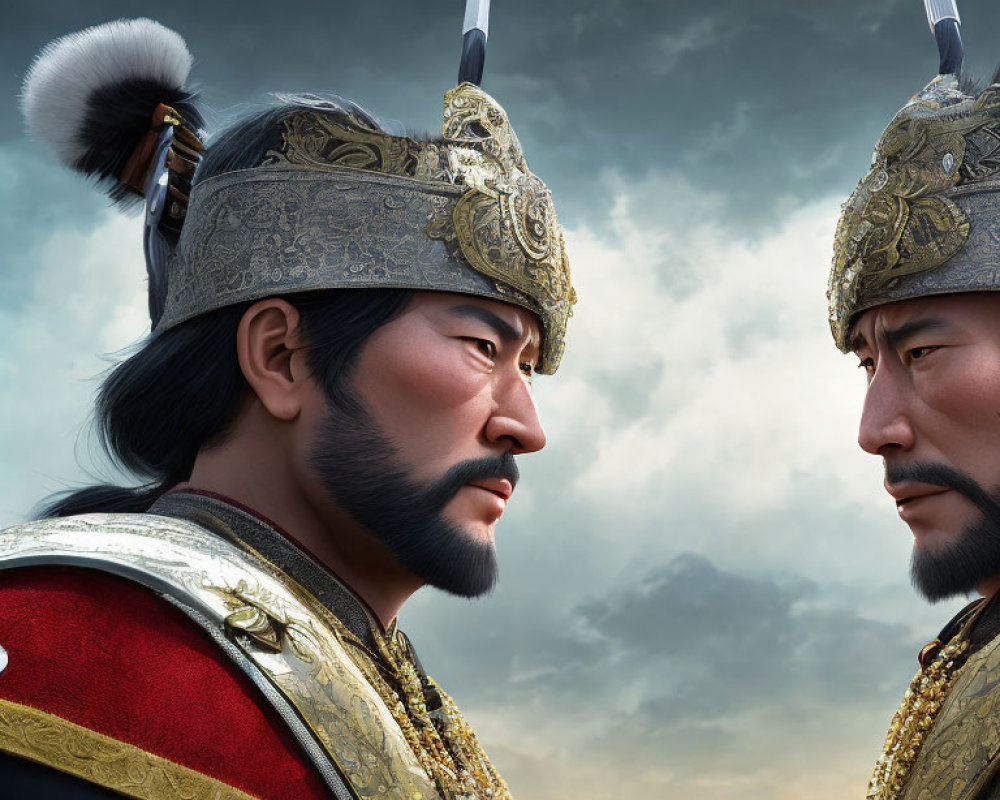 Ancient warrior attire: Two men with detailed helmets in serious contemplation