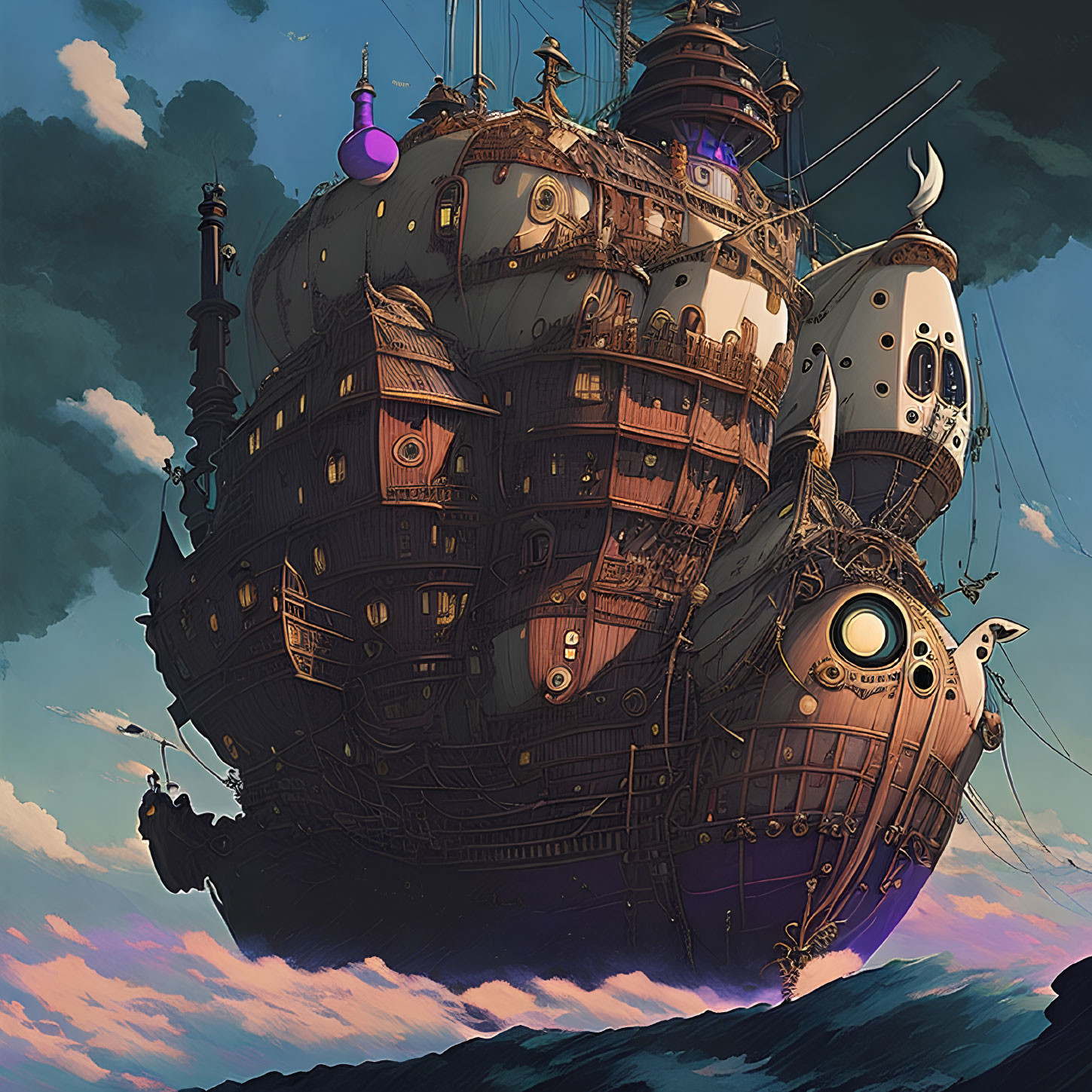 Fantastical floating ship with eclectic architecture sailing in sunset-tinted skies