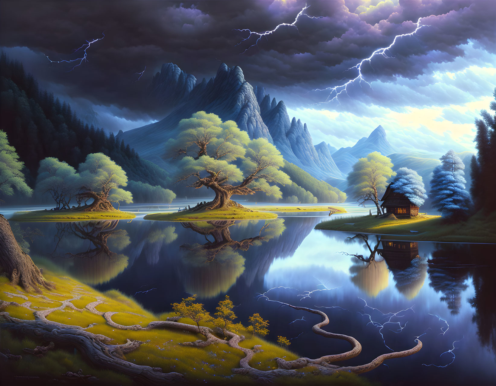 Scenic landscape with mountains, trees, lake, and lightning