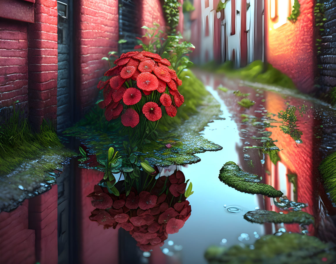 Vibrant red flowering plant by water-filled alley between brick buildings with reflections and green moss.