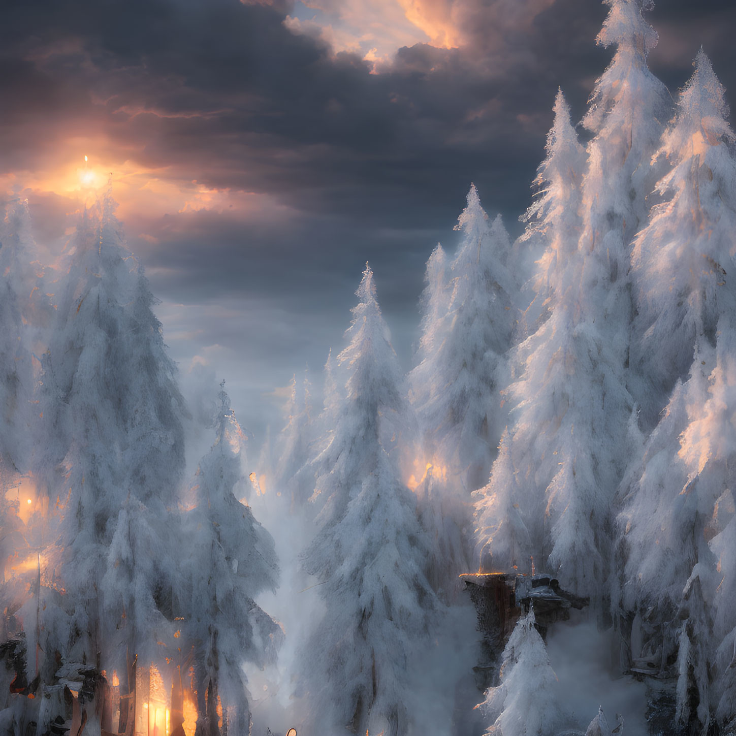 Winter sunrise illuminates snow-covered fir trees in misty landscape