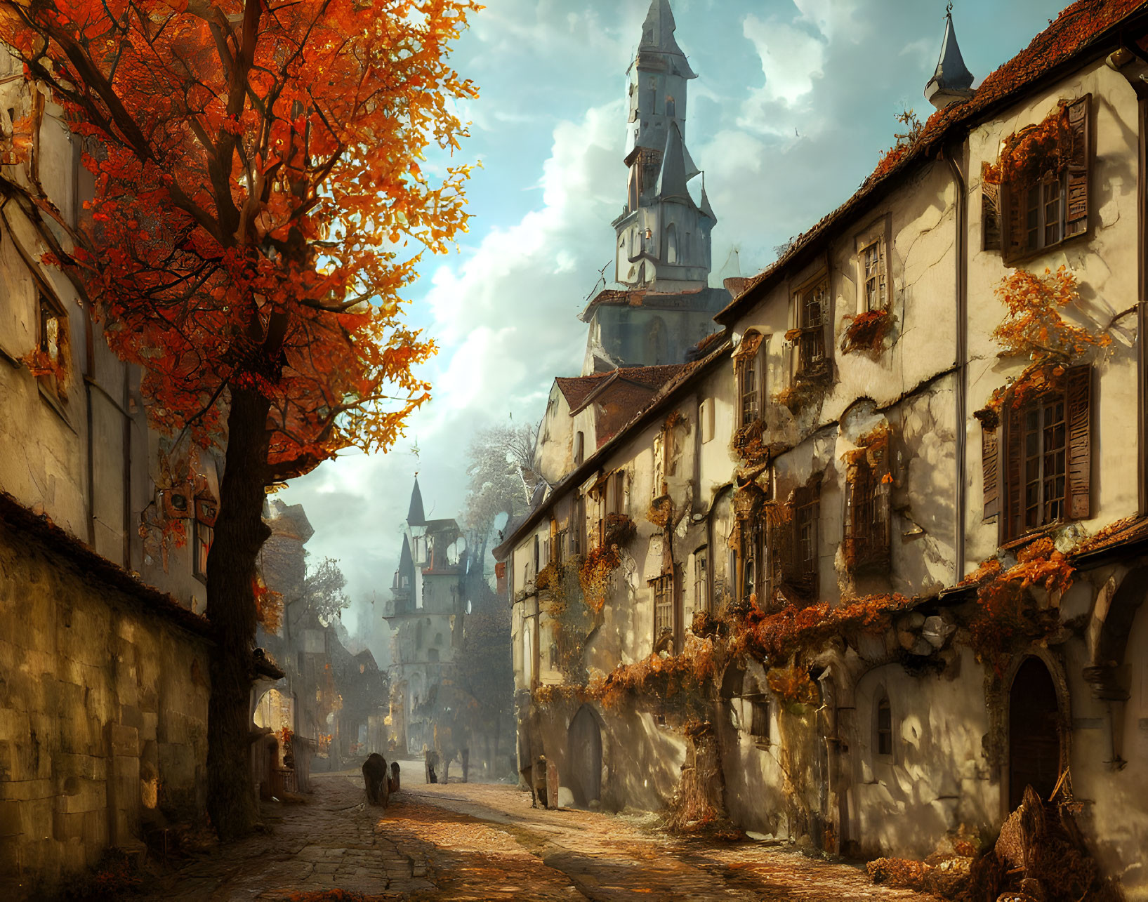 Tranquil cobblestone street with autumnal buildings and church