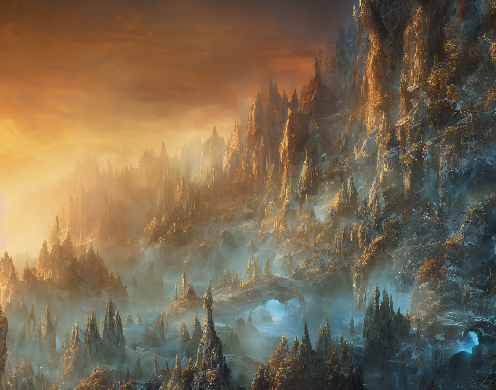 Majestic fantasy landscape with towering rock formations under orange sky