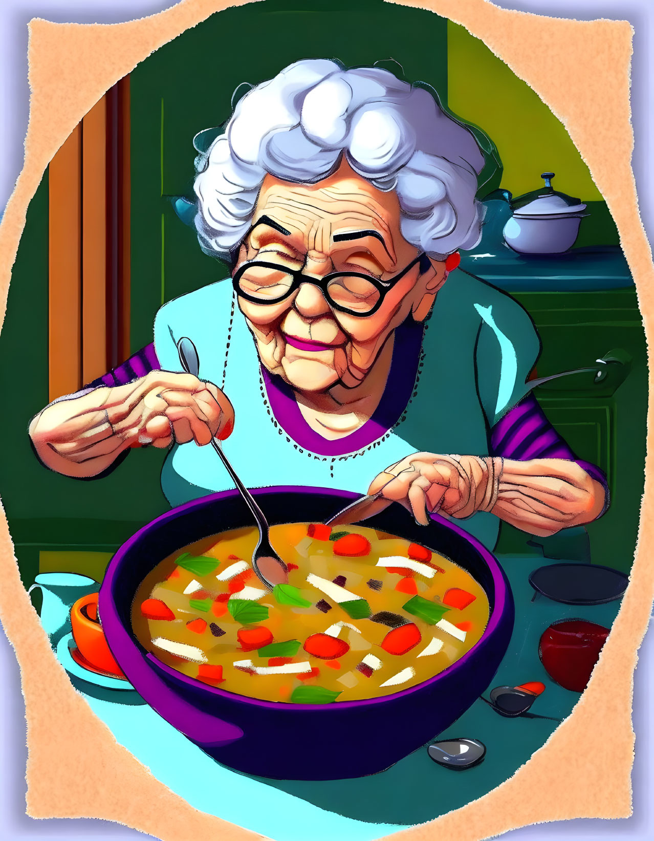 Curly White-Haired Elderly Woman Tasting Soup in Home Kitchen