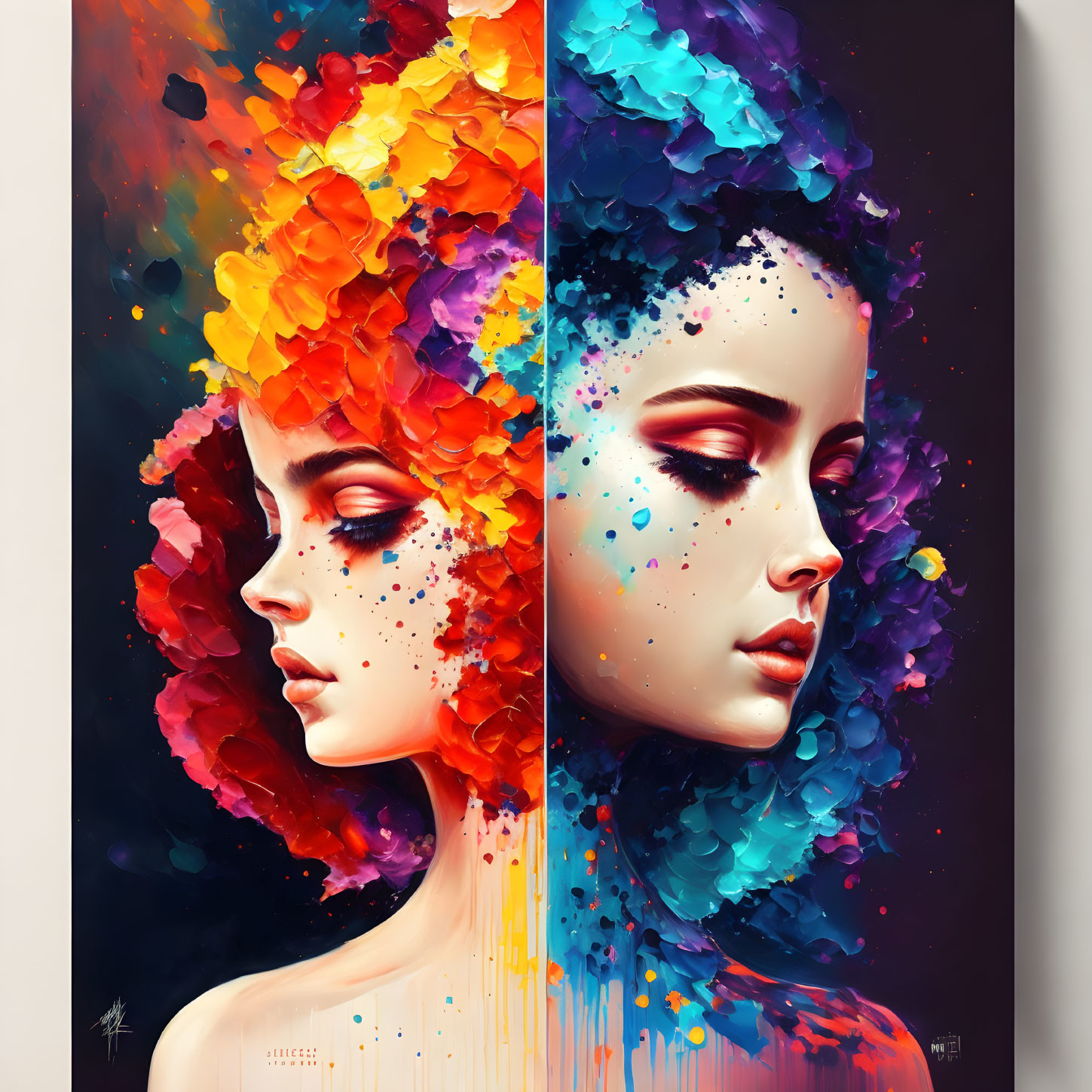 Vibrant multicolored hair portraits with floral-like explosions