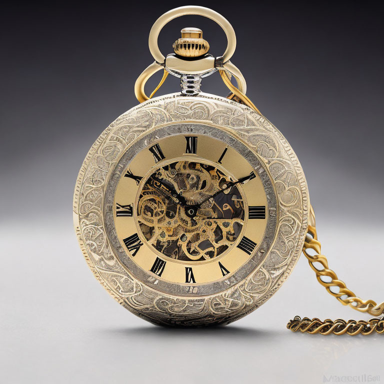 Vintage Gold Pocket Watch with Ornate Design and Visible Gears on Grey Background