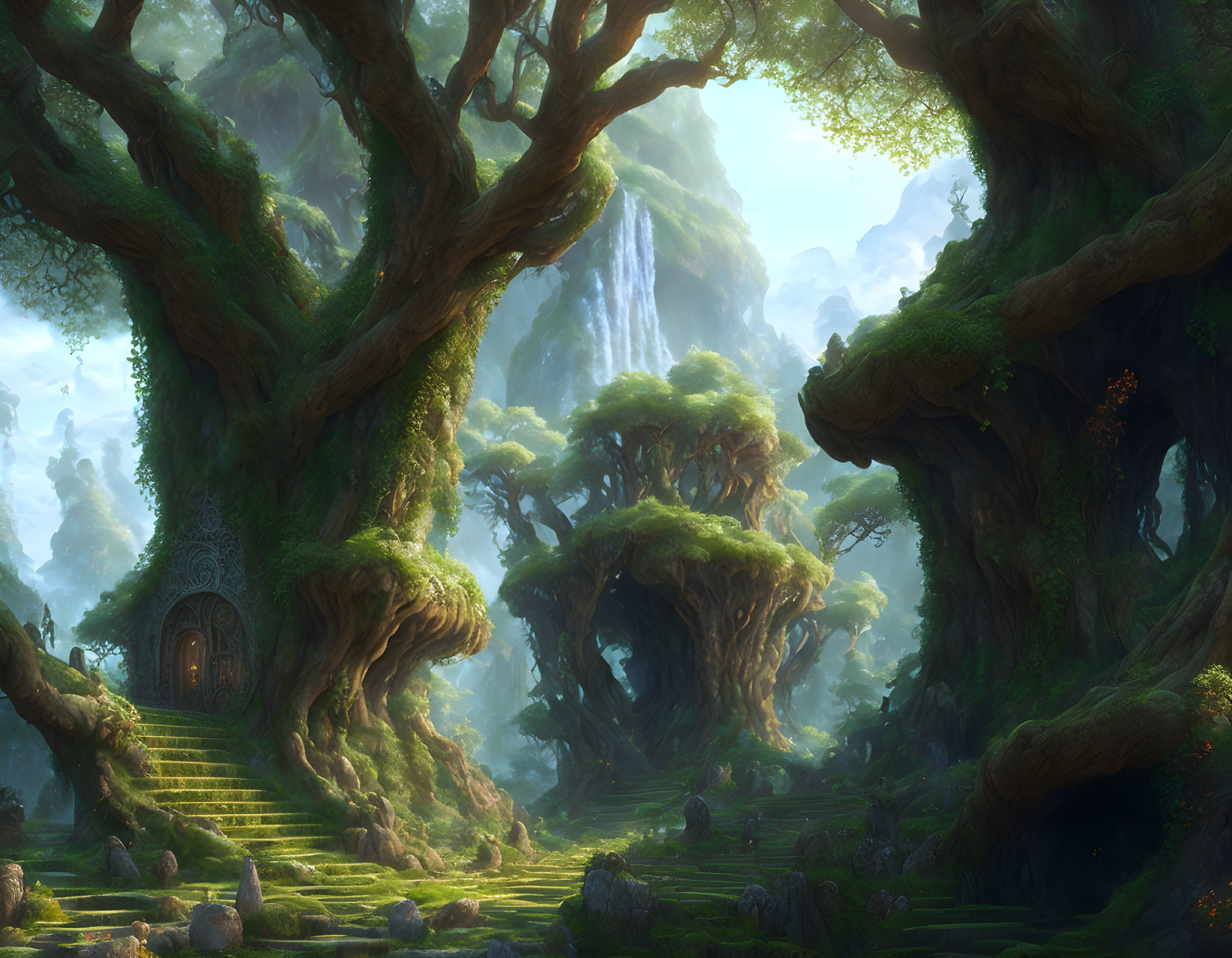 Majestic trees, cascading waterfall, and mysterious door in enchanted forest.