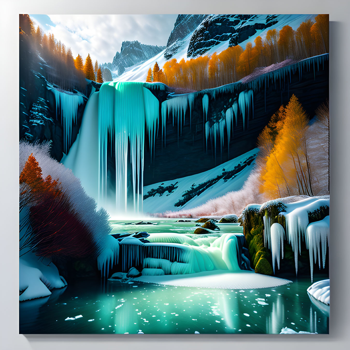 Digital Art: Cascading Waterfall in Snow-Capped Cliffs