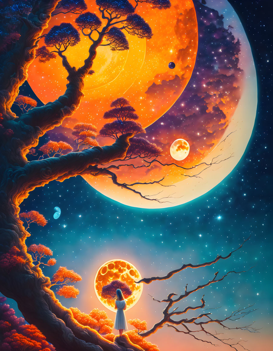 Artwork of girl under colossal tree with vibrant moons in starry sky